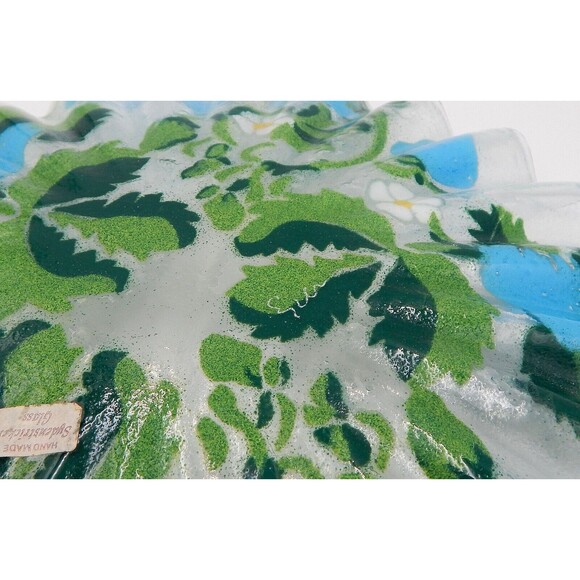 Sydenstricker Blue Strawberry Fused Glass Plate Bowl Ruffled Edge 2 PC Signed - Picture 10 of 11